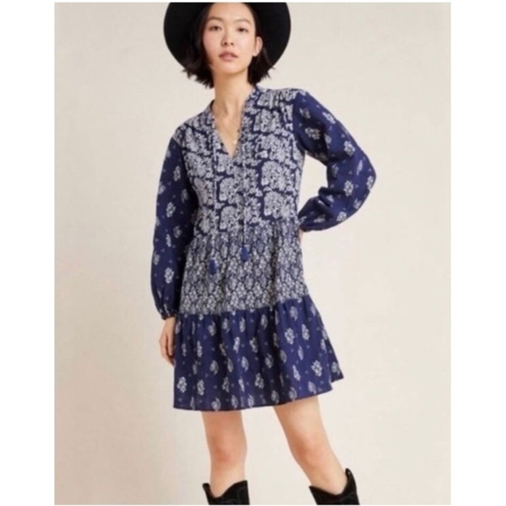 Maeve Anthropologie Carlita Blue & White Tiered Tunic Dress XS